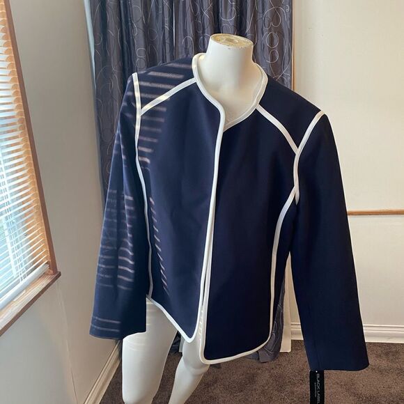 Black Label by Evan Picone Navy/White trimming open blazer, size 16 - Picture 2 of 5